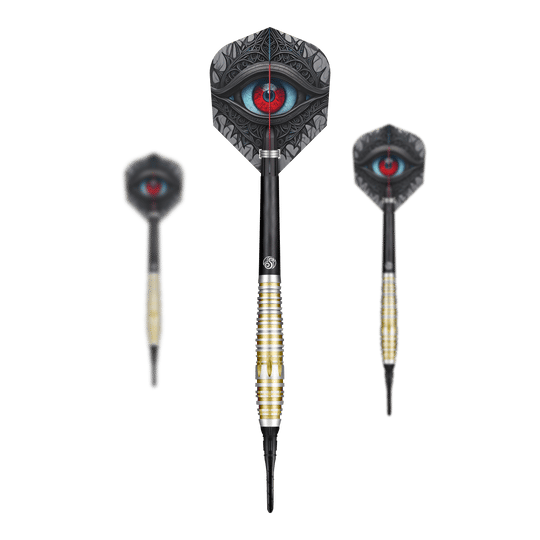 Shot Celt Balor Softdarts Auf dem Bild sind drei Softdarts der Marke Shot Celt Balor zu sehen. Die Flights der Darts zeigen ein auffälliges Auge in leuchtenden Farben.