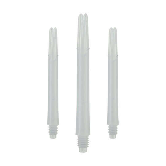 Das Bild zeigt drei gerade, milchig-weiße Dartshafts ohne Kappen. Sie sind nebeneinander angeordnet und jeweils mit einem Gewinde am unteren Ende versehen.