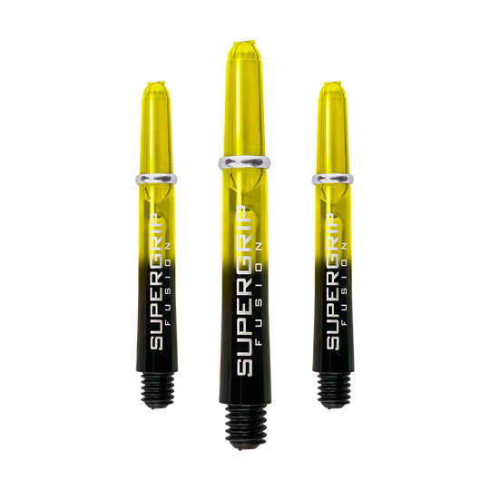 Das Bild zeigt drei gelbe Harrows Supergrip Fusion Shafts. Die Schäfte sind unten schwarz und oben durchsichtig gelb gefärbt.
