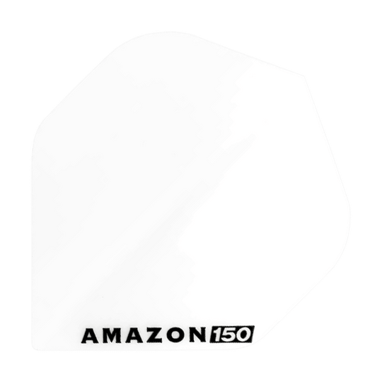 Amazon 150 Flights - Weiß Das Bild zeigt ein weißes Dartflight mit der Aufschrift "AMAZON 150" in schwarzer Farbe. Das Flight hat eine klassische, schlichte Form und ist komplett einfarbig.