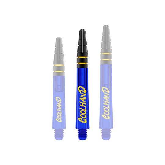 Red Dragon Nitrotech Luke Humphries Coolhand Shafts - Blau Auf dem Bild sind drei blaue Dart-Schäfte mit der gelben Aufschrift "COOLHAND" zu sehen. Die Schäfte haben schwarze und goldene Akzente am oberen Ende.