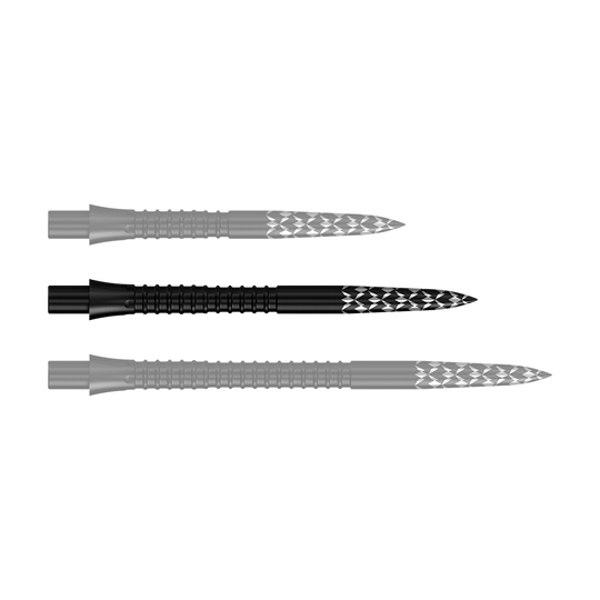 Mission Caliburn EVO Dartspitzen GV-Logo - Schwarz Das Bild zeigt schwarze Steeldartspitzen mit einer Länge von 32 mm. Es handelt sich um die Mission Caliburn EVO GV-Logo Steeldartspitzen.