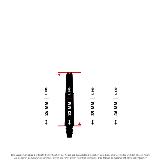 L-Style L-Shafts Locked Straight - Green 190 Das Bild zeigt eine schematische Darstellung eines Dart-Schafts mit Maßangaben. Es werden verschiedene Längen in Millimetern angegeben, die zwischen den roten Linien gemessen werden.