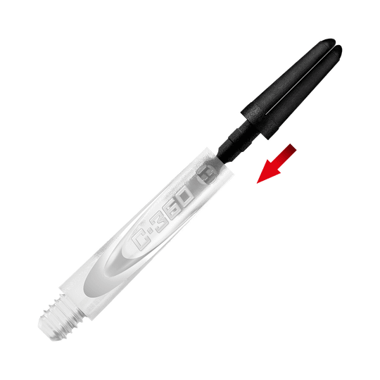 HR442_Harrows_Carbon_360_Shaft_Tops_3 Das Bild zeigt das Produkt "Harrows Carbon 360 Shaft Ersatztops". Ein roter Pfeil weist auf das schwarze Ersatzteil am oberen Ende des Schafts hin.