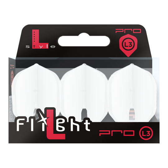 L-Style Champagne L3PRO Shape Flights Das Bild zeigt ein Produkt mit dem Namen 'L-Style Champagne L3PRO Shape Flights White 2'. Es handelt sich vermutlich um einen weißen Dart-Flug in spezieller Form.