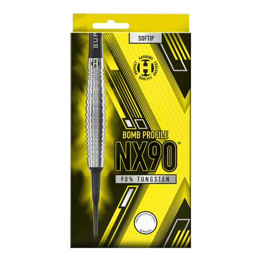 Harrows NX90 Bomb Softdarts Die Verpackung zeigt die "Harrows NX90 Bomb Softdarts" mit einem auffälligen gelb-schwarzen Design. Auf der Vorderseite steht, dass die Darts aus 90% Tungsten bestehen und eine Bombenform haben.