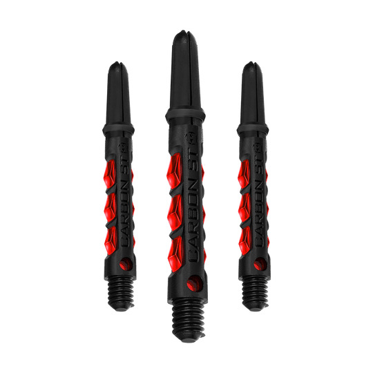HR432_Harrows_Carbon_ST_Shafts_Rot_40mm_1 Das Bild zeigt drei schwarze Carbon ST Shafts mit roten Akzenten der Marke Harrows. Die Shafts sind für Darts gedacht und haben ein modernes, auffälliges Design.