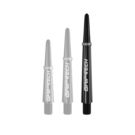 Auf dem Bild sind drei schwarze Dartschäfte in verschiedenen Längen zu sehen. Auf jedem Schaft steht das weiße Logo "GRIPTECH".