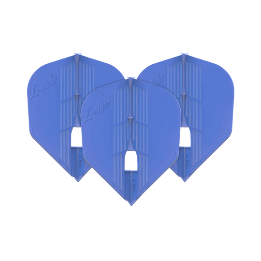 L-Style KAMI L3PRO Flights Das Bild zeigt drei blaue Dartflights der Marke L-Style. Sie sind nebeneinander aufgereiht und haben eine moderne, strukturierte Oberfläche.