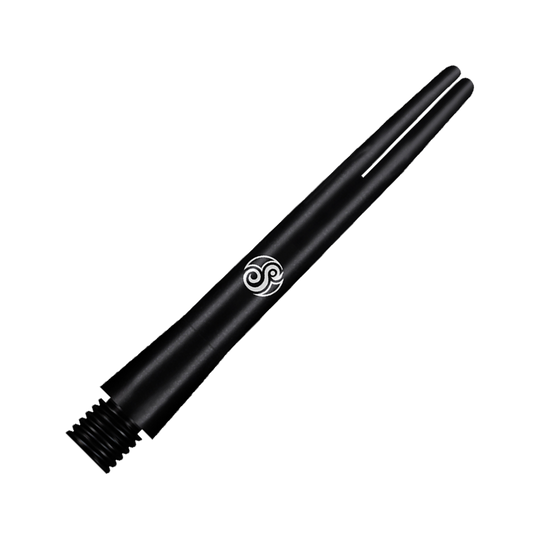 SM3809-I_Shot_Aluminium_Shafts_Black_41mm_2 Dies ist ein schwarzer Aluminium-Schaft der Marke Shot. Er hat ein elegantes, mattes Design mit einem weißen Logo in der Mitte.