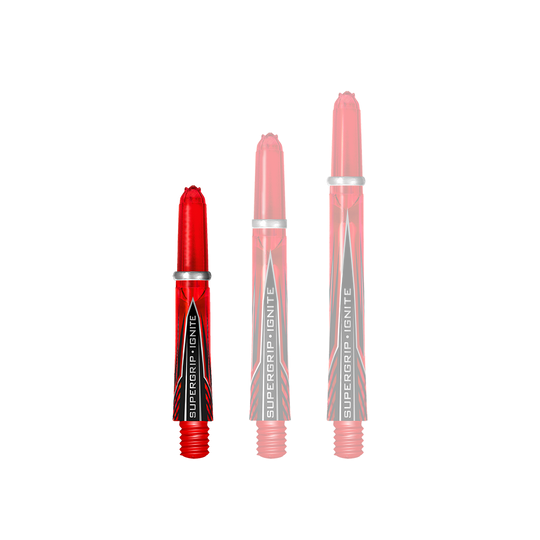 Das Bild zeigt drei rote Harrows Supergrip Ignite Shafts in unterschiedlichen Längen. Die Aufschriften "SUPERGRIP IGNITE" sind gut sichtbar auf jedem Schaft abgebildet.