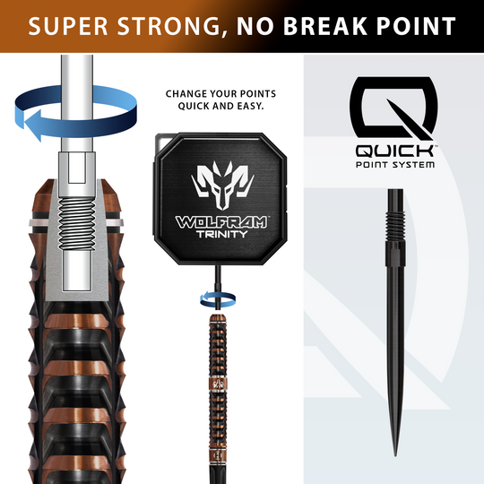 Harrows Wolfram Trinity Quick Point Steeldarts Auf diesem Foto sind die Harrows Wolfram Trinity Quick Point Steeldarts dargestellt. Das Design dieser Darts betont Präzision und Stabilität.