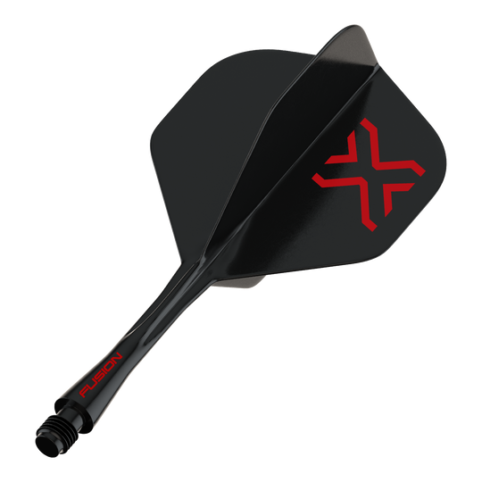 Das Bild zeigt ein Dart Flight mit dem Dateinamen 8864_Winmau_Fusion_Blade_X_No2_Standard_Flights_Schwarz_28mm_1. Die Form und Farbe des Flights sind auf dem Bild erkennbar.