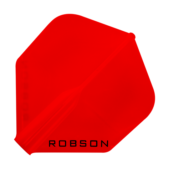 Robson Plus Standard Flights Das Bild zeigt ein rotes Dart-Flight mit der Aufschrift „ROBSON“. Das Flight hat eine standardmäßige, sechseckige Form.