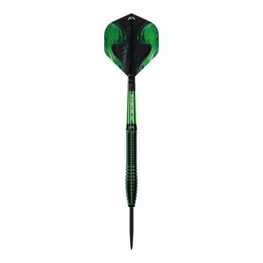Mission Venom Steeldarts Das Bild zeigt einen Mission Venom Steeldart mit einem auffälligen, grünen Design. Der Schaft und die Flights haben ein modernes Muster, das an Schlangenhaut erinnert.