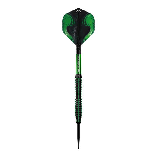 Mission Venom Steeldarts Ein einzelner Mission Venom Steeldart wird präsentiert. Die Konturen und das Design sind gut erkennbar.