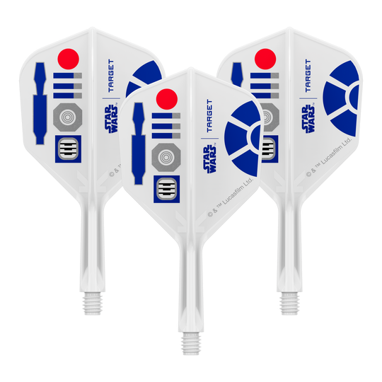 Target Star Wars K-Flex R2D2 No6 Flights Abgebildet sind Dart-Flights mit Star Wars R2D2 Motiv und dem Dateinamen 410510_Target_StarWars_KFlex_R2D2_No6_Flights_Short_19mm_1Set. Es handelt sich um ein Set kurzer Dart-Flights.
