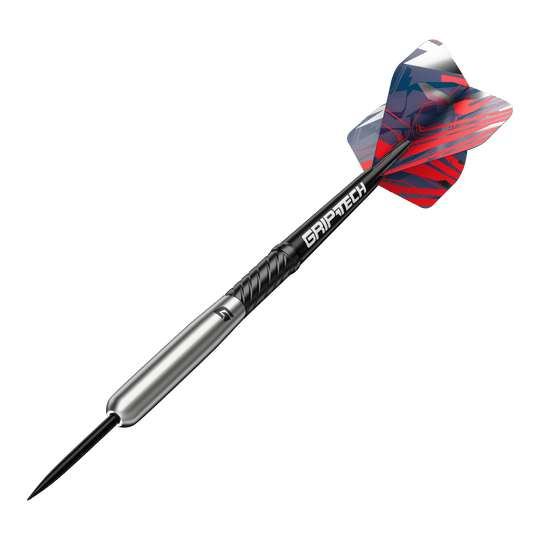 GOAT Homerun Baseball Tungsten Steeldarts Das Bild zeigt einen GOAT Homerun Baseball Tungsten Steeldart mit farbigem Flight und schwarzem Schaft. Der Dart hat einen silbernen Körper und trägt die Aufschrift "GRIPTECH".