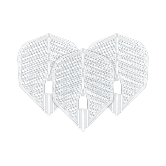Das Bild zeigt drei transparente Darts-Flights in L3PRO Form mit Dimple-Oberfläche. Es handelt sich um das Produkt "L-Style Flights Dimple Champagne L3PRO Shape".