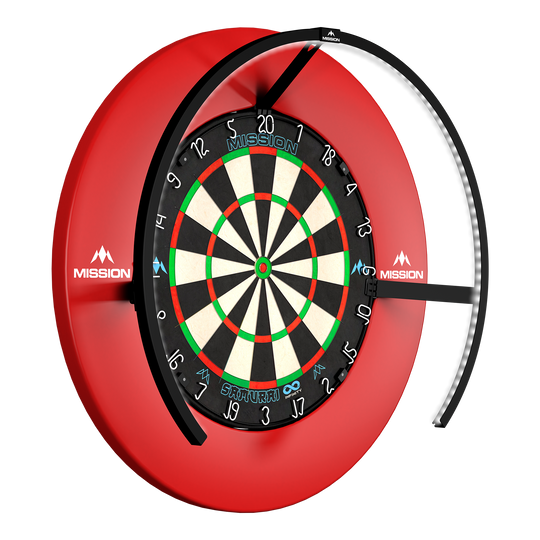 Mission Torus 270 LED Dartboard Beleuchtung - Schwarz Zu sehen ist die Mission Torus 270 LED Dartboard Beleuchtung in Schwarz. Diese Beleuchtung verbessert die Sichtbarkeit beim Dartspielen.