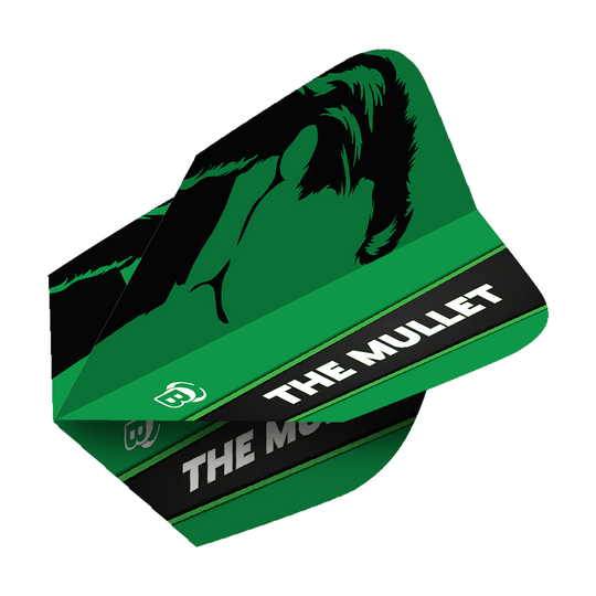 Das Bild zeigt die Bulls X-Powerflite Danny Jansen No2 Standard Flights. Die Flights sind grün und schwarz und tragen die Aufschrift "THE MULLET" sowie eine stilisierte Abbildung eines Kopfes mit Vokuhila-Frisur.