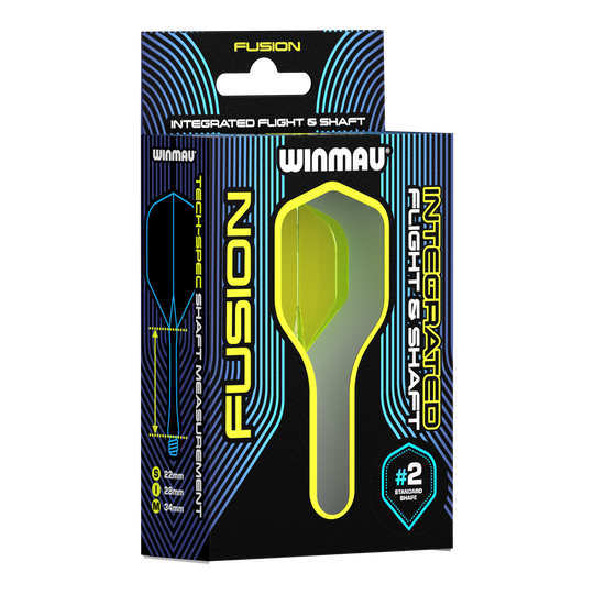 Auf dem Bild ist eine Verpackung für das Winmau Fusion Flight & Shaft System zu sehen. Die Verpackung zeigt ein gelbes, integriertes Flight- und Schaftsystem für Darts in der Größe 34 mm.