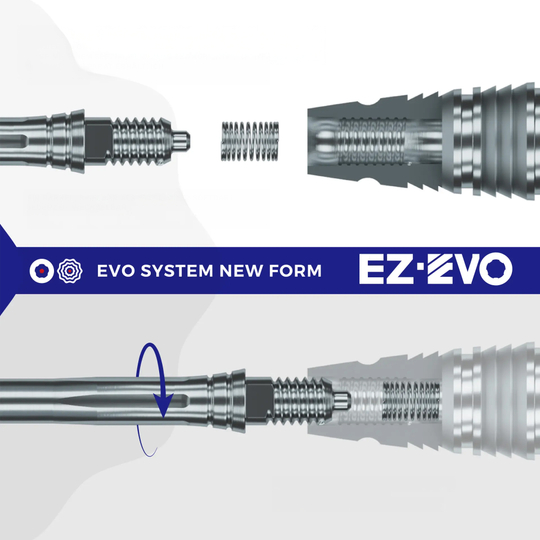Caliburn EZ-EVO Dartspitzen - Smooth - Schwarz Das Bild zeigt das Caliburn EZ-EVO System, vermutlich ein Zubehör für Darts. Es handelt sich um ein spezielles System zur individuellen Anpassung oder Montage.