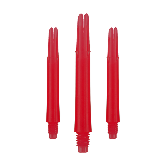L-Style L-Shafts Locked Straight - Red 260 Auf dem Bild sind drei gerade, rote Dartschäfte aus Kunststoff zu sehen. Sie haben Gewinde am unteren Ende und sind ohne Kappen dargestellt.