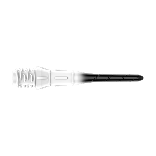 L-Style Premium Lippoint Gradiation Dartspitzen (30er Pack) Auf dem Bild ist eine Dartspitze mit einem Farbverlauf von Weiß zu Schwarz zu sehen. Die Spitze hat ein strukturiertes Gewinde am hinteren Ende.