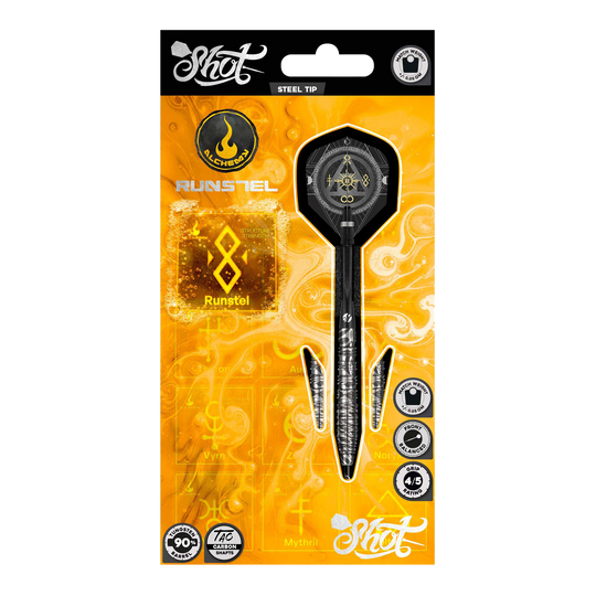Das Bild zeigt die Shot Alchemy Runstel Steeldarts. Dieses Produkt sind hochwertige Steeldarts für Dartspieler.