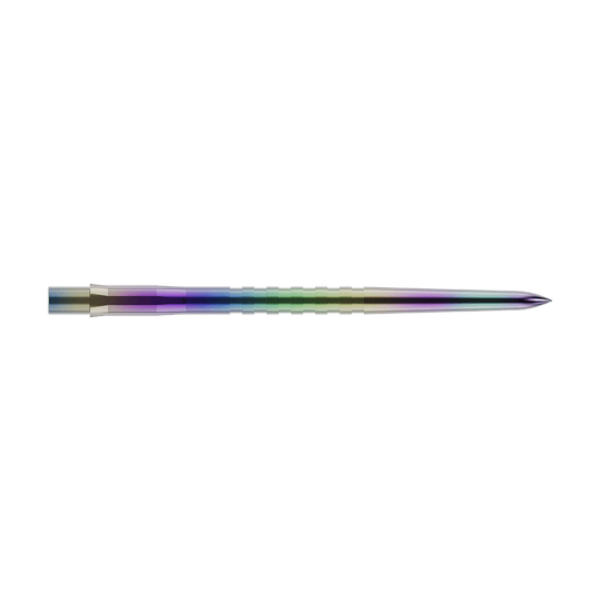 Mission Caliburn EVO Dartspitzen - Grooved - Coral Das Bild zeigt eine farbig schimmernde, metallene Dartspitze. Die Spitze ist gerade, schlank und verläuft zu einer feinen Spitze.