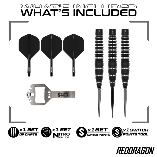 Red Dragon Sable Bomb Switch Point Steeldarts Das Bild zeigt die Red Dragon Sable Bomb Switch Point Steeldarts. Die Darts haben ein markantes Design und sind speziell für das Steeldartspiel entwickelt.