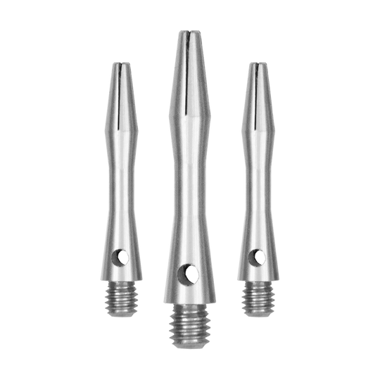 Das Bild zeigt drei silberne Aluminium-Schäfte in verschiedenen Längen. Sie haben ein glattes, metallisches Finish und ein Schraubgewinde am unteren Ende.