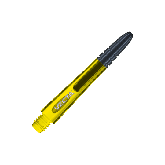 Das Bild zeigt einen Winmau Vecta Shaft in Gelb. Der Schaft hat ein modernes Design mit glänzender Oberfläche und dem Schriftzug "VECTA" darauf.