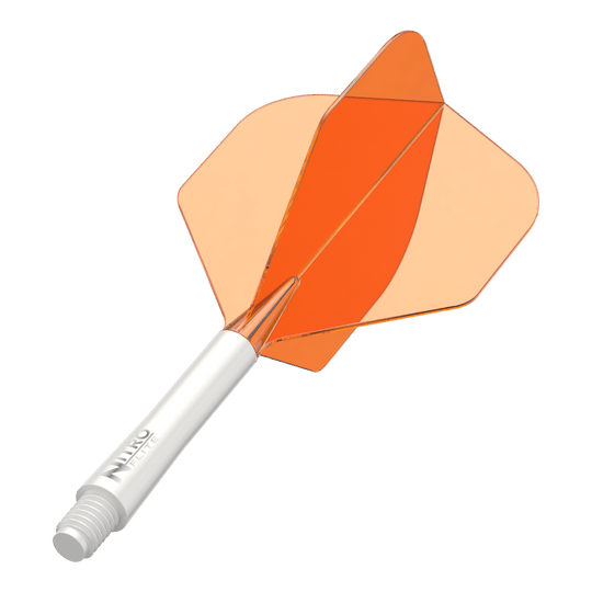 Red Dragon Nitroflite White Shaft Orange Flights No2 Das Bild zeigt einen weißen Dart-Schaft mit orangen Flights in mittlerer Länge. Wahrscheinlich handelt es sich um einen Red Dragon Nitroflite Medium Schaft.