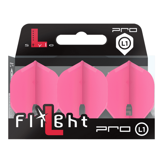L-Style Champagne L1PRO Flights Auf dem Bild ist eine Packung mit drei pinken Dart-Flights der Marke L-Style zu sehen. Die Verpackung zeigt den Schriftzug "Flight Pro L1" auf der Vorderseite.