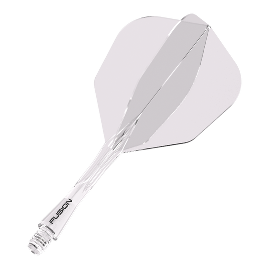 Das Bild zeigt das Produkt "Winmau Fusion Flight-Shaft-System No6 Clear". Es handelt sich um ein transparentes Dart-Flightsystem mit integriertem Schaft.