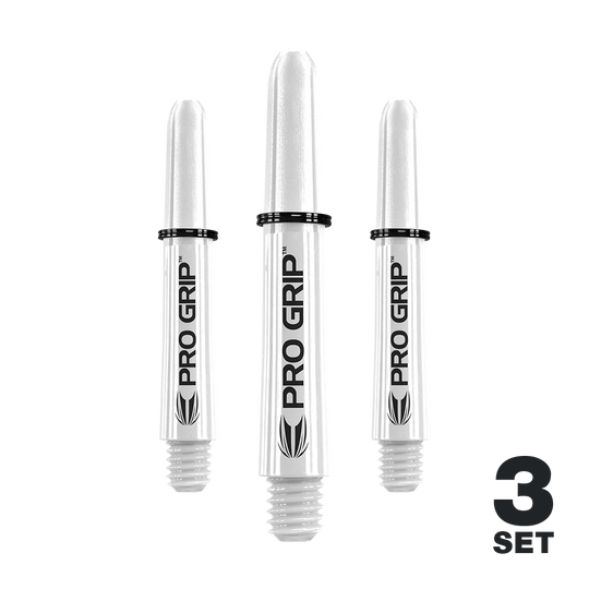 Auf dem Bild sind drei weiße Pro Grip Shafts für Dartpfeile zu sehen. Unten rechts befindet sich die Aufschrift "3 SET".