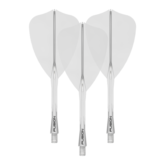 Zu sehen ist ein Dartzubehör, wahrscheinlich ein Flight Shaft. Der Dateiname gibt an: 'Winmau Fusion Flight Shaft System Arrow Clear 34mm 1Set'.