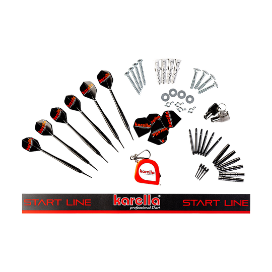 Karella_E-Master_Dartautomat_Detail_Zubeh-rDzk6QVI4T24z9 Das Bild zeigt das Zubehörset des Karella E-MASTER Dartautomaten ohne Münzeinwurf. Es beinhaltet Dartpfeile, Ersatzspitzen, eine Startlinie, Montagematerial und weiteres Zubehör.