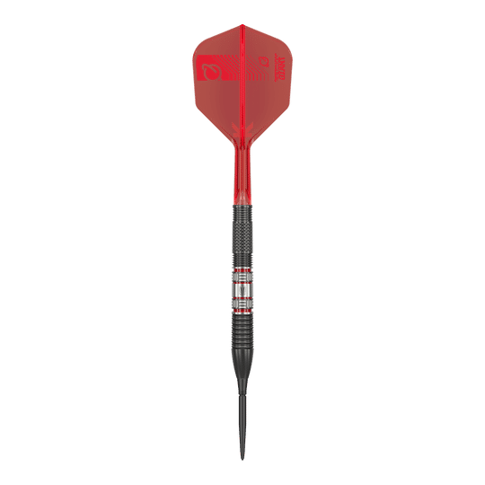 Das Bild zeigt einen Target Gabriel Clemens 95K Swiss Point Steeldart. Der Dart hat eine schwarze Spitze, einen schwarz-silbernen Schaft und auffällige rote Flights.