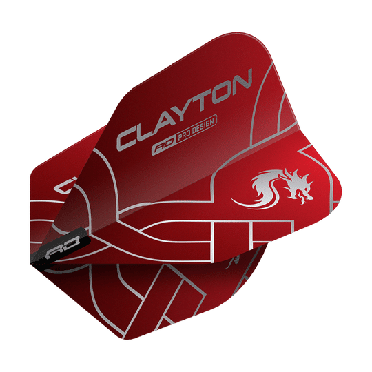 Das Bild zeigt die roten und silbernen Jonny Clayton Red Dragon Flights, Modell No6. Auf den Flights steht "CLAYTON" und ein stilisierter Drache ist abgebildet.
