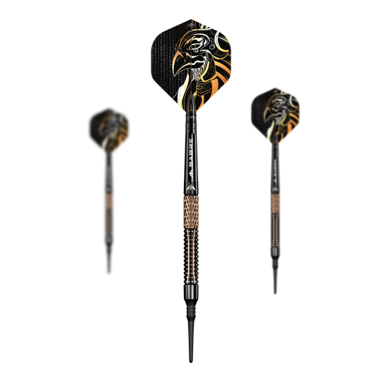 Mission Horus Softdarts - 19g Das Bild zeigt drei Softdarts des Modells „Mission Horus Softdarts - 19g“. Die Flights sind mit einem auffälligen, gold-schwarzen Falkenmotiv gestaltet.