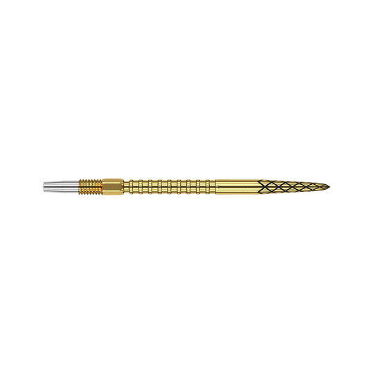 Das Bild zeigt eine goldfarbene Dartspitze mit einem Rautenmuster am vorderen Ende. Die Spitze ist 35 mm lang und hat einen silbernen Anschlussbereich.