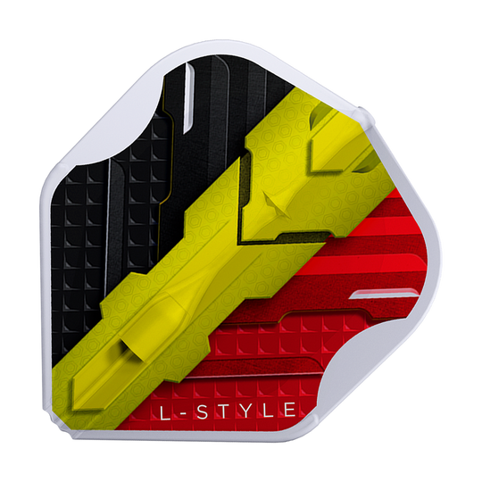 L-Style V-Series V1 Type C Belgium Clear White L1EZ Flights Dies ist ein Dartflight mit den Farben Schwarz, Gelb und Rot im Design der belgischen Flagge. Am unteren Rand steht in Weiß der Schriftzug "L-STYLE".