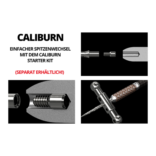 Caliburn System Steeldartspitzen - Ripple - NoLip - Schwarz Das Bild zeigt verschiedene Detailansichten eines Steeldartspitzen-Systems mit mechanischen Verbindungs- und Montageschritten. Im Text wird darauf hingewiesen, dass das System separat erhältlich ist.