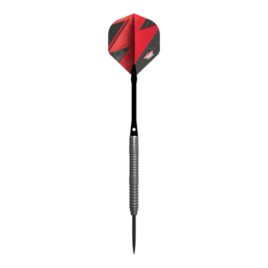 Bulls NL Lightning Red Steeldarts Das Bild zeigt einen Steeldart-Pfeil mit einem silbernen Griff und einer roten Flights. Der Pfeil trägt das Design und Logo der Marke Bulls NL Lightning Red.