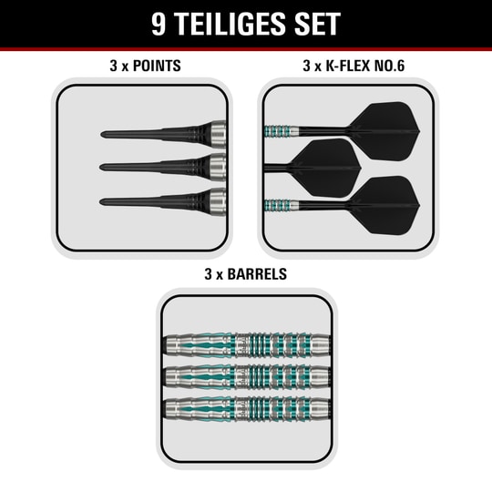 Hier sind die Target Black Marque Pierce Softdarts mit 18,5g abgebildet. Die Darts sind speziell für hohe Präzision und Stil entwickelt.