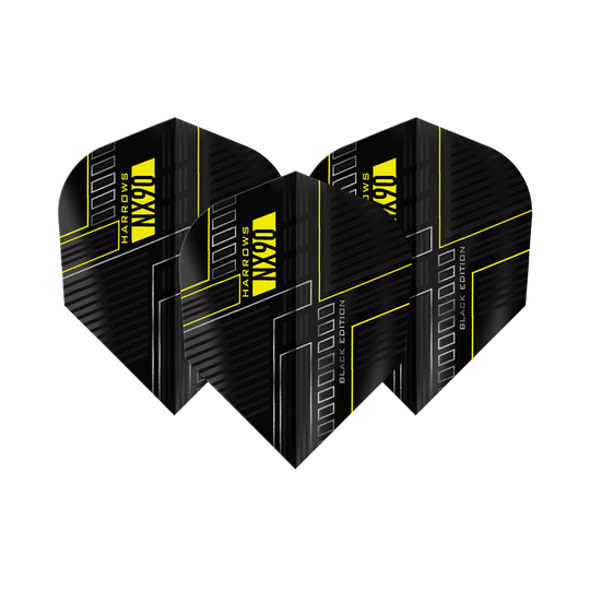 Harrows NX90 Black-Edition No6 Flights Das Bild zeigt drei schwarze Dart-Flights mit dem Namen "Harrows NX90 Black-Edition No6". Die Flights haben ein modernes Design mit gelben Linien und Schriftzügen.