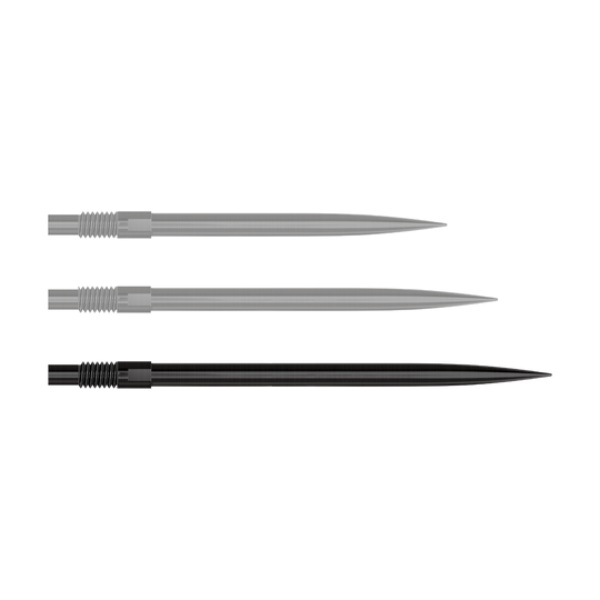 Harrows Quick Point Dartspitzen - Schwarz Auf diesem Bild sind 40 mm lange, schwarze Dartspitzen dargestellt. Die Spitzen werden nebeneinander angeordnet gezeigt.